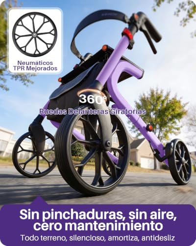Kekoy K2 Andador para ancianos con asiento plegable de aluminio, regulable en altura, 181 kg de carga, andadores adultos con cojín de asiento de 44 cm, respaldo y bolsa de almacenaje, morado
