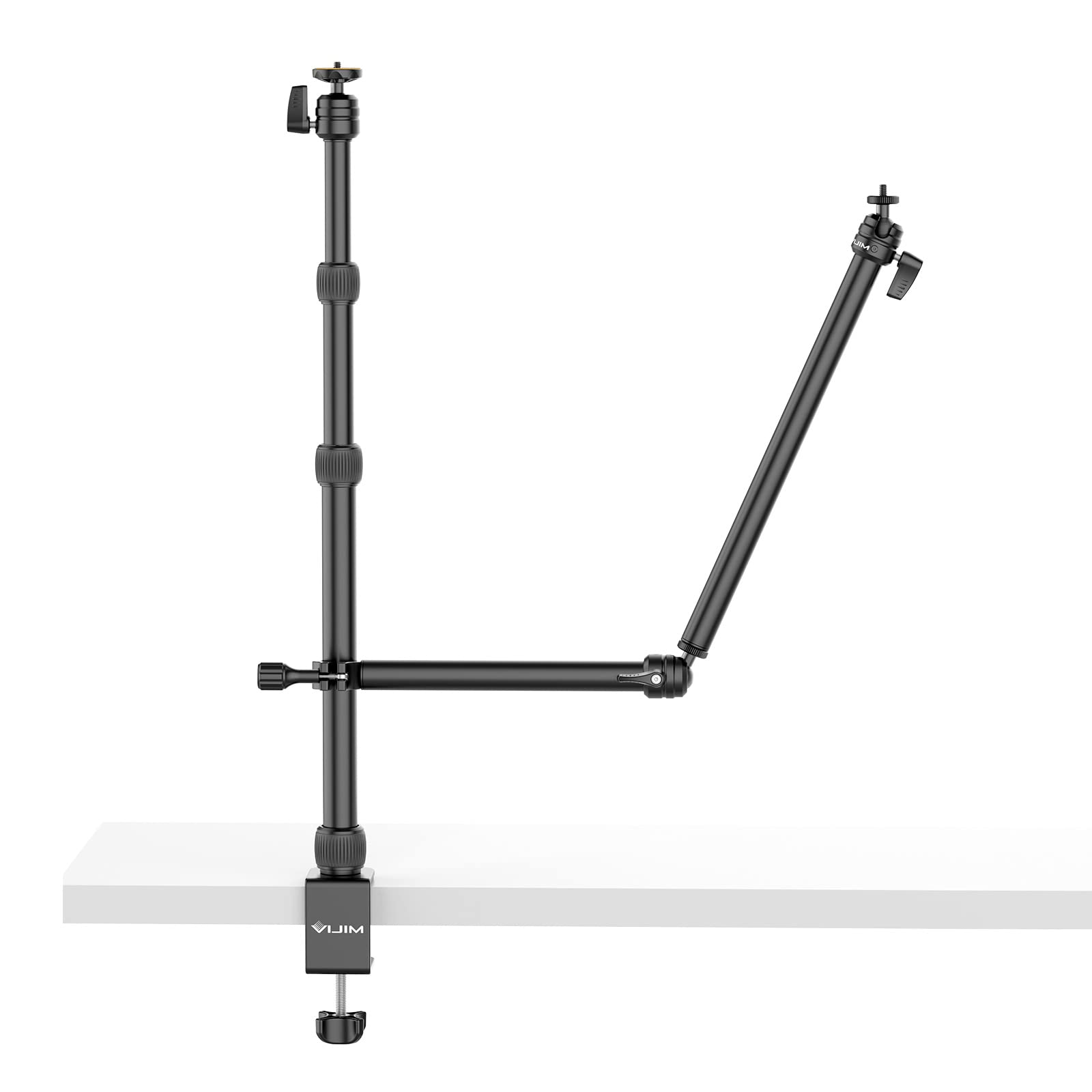Photo 1 of jusmo Camera Desk Mount Table Stand with 2 Auxiliary Holding Arm and Ball Head, 16.1"-33.8" Adjustable Light Stand for DSLR Camera, Ring Light, Live Streaming, Photo Video Overhead Shooting