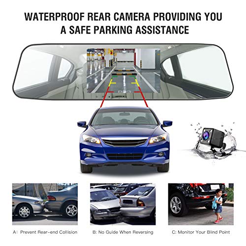 Jeemak Backup Camera 4.3” Touch Screen Mirror Dash Cam 1080P Rearview Front and Rear Dual Lens Dashboard Recorder with Waterproof Reversing Camera