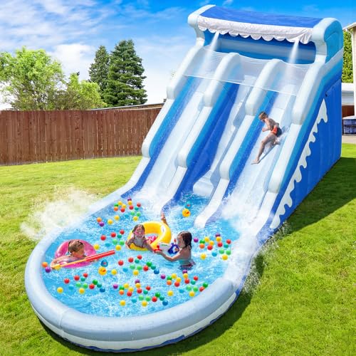 Cessbong Inflatable Water Slide for Kids and Adults with Better Drainage and Durability - Fun Outdoor Play with Easy Setup, Kids Summer Splash Fun (Dual Slide Blue Waves)