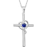 NORBU 925 Sterling Silver Cross Necklace for Women, Heart Womens Cross Necklace With 5A CZ Birthstone Cross Pendnat, Christian Jewelry Religious Gift for Her Women Wife