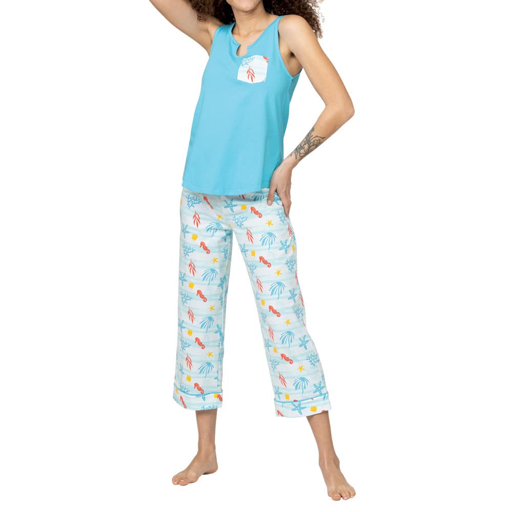 PajamaGram Capri Pajamas For Women Set - Cotton Pajamas For Women, Teal Reef MD Image