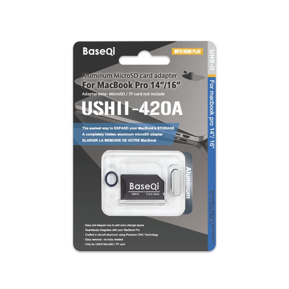 BASEQI UHS-II Aluminum microSD Adapter for 2021 M1 MacBook Pro 14 & 16” (Adapter with HDMI Dust Plug, Silver)