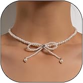 White Baroque Pearl Bow Choker Necklace, Sparkly Zircon Coquette Short Necklace, Simple Tiny Beaded Aesthetic Jewelry Gift for Women