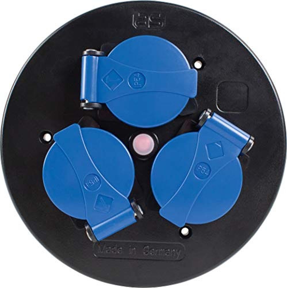 as - Schwabe 10566 Triple Socket Insert for Cable Reels 230 V/16 A with Hinged Lid Blue Fused by Thermal Circuit Breaker with Mounted Strain Relief and Seal IP44 Black