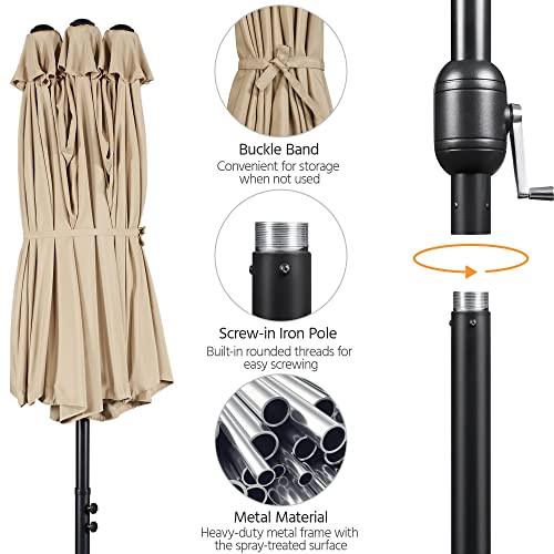 Yaheetech 15 ft Triple-size Patio Umbrella w/Base Included - Market Extra-Large Double Sided Umbrella - Twin-size Patio Parasol w/Easy Crank & 12 Strong Ribs & Ventilation Openings,Tan
