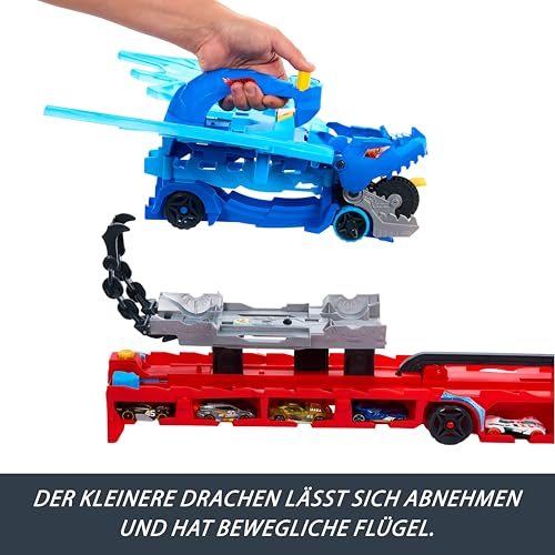 Hot Wheels City Toy Car Track Set, Ultimate 2-in-1 Dragon Transporter and 2 Die-Cast Cars, Large Dragon and Removable Dragon with Space for More Than 20 Vehicles, JKJ79