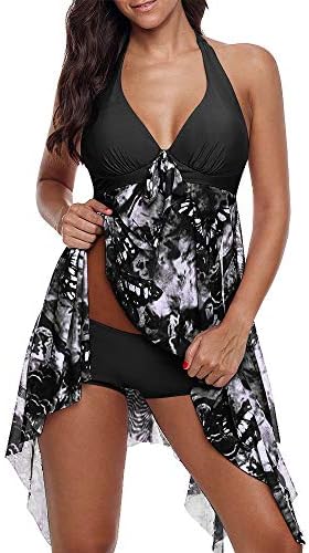 Ladies Tankini Dress Swimwear Retro Beachwear Halterneck Swimsuit with Boyshort