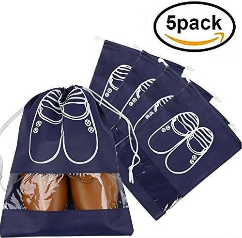 Fanmaous Shoe Bags Portable Travel Organizer Bag Lightweight Dust-proof Drawstring with Window for Travel Carrying College (5Pcs Navy)