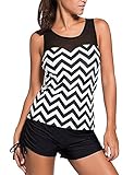 Myobe Women Two Pieces Print Split Sexy Stripes Chevron Pattern Tankini Bikini With BoyShort Bottoms Beachwear Swimsuit (L, Black)