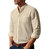 Mens Long Sleeve Linen Shirt Stand Collar Lightweight Button Front Top with Pocket for Summer