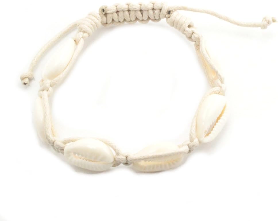 Off White Cotton Cord Macrame Bracelet with Medium Cowrie Shells, Sliding Lock