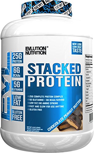 Evlution Nutrition Stacked Protein Protein Powder with 25 Grams of Protein, 5 Grams of BCAA’s and 5 Grams of Glutamine (Chocolate Peanut Butter, 4 LB)