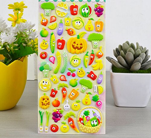 4 Sheets Cute Lovely Puffy DIY Decorative Adhesive Sticker Tape / Kids Craft Scrapbooking Sticker Set for Diary, Album (vegetables+Fruits)