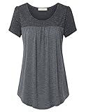Lingfon Women's Short Sleeve Pleated Front Stitching Tunic Shirt Top(M,Black)