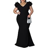 Women's Plus Size Maxi Dress Elegant V-Neck Ruffle Sleeves Bodycon Mermaid Dresses Evening Gown
