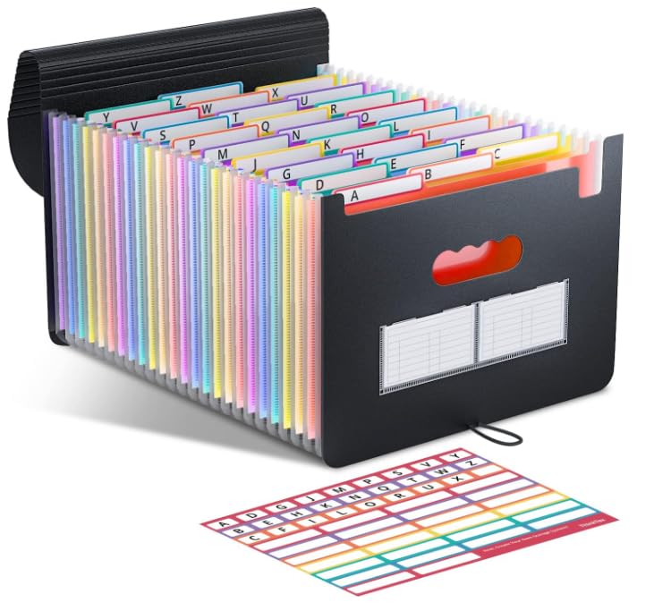 ThinkTex Accordion‌ File Organiser, 26 Pockets Expanding File Folders, Monthly Bill Receipt Documents Organiser, Colorful Tabs, Letter/A4 Size