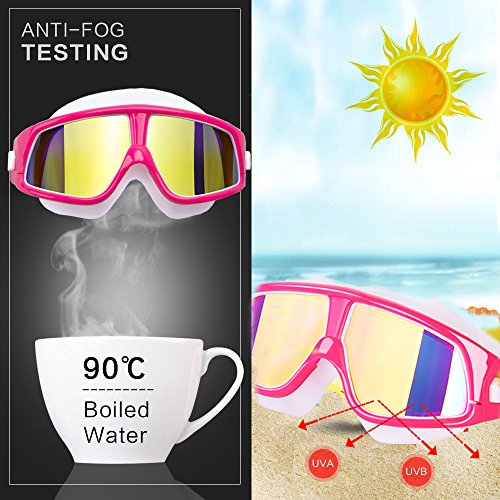 Spinosaurus Kids Swim Goggles(Age 3-15 Years), Fashionable, Anti-Fog,UV Protection, No Leaking, Coated Lens,with case and earplugs, HD Swim Goggles for Kids Youth and Teenagers (Pink White)...