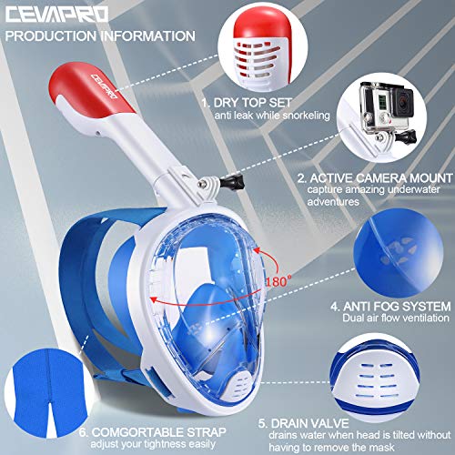 Cevapro Snorkel Mask, 4th Generation Full Face Snorkeling Mask for Adult Kids Youth with Detachable Camera Mount, 180°Panoramic View Anti-Fog Anti-Leak Free Breathing Dry Top Set-General Size
