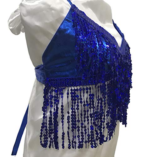 Wuchieal Women's Belly Dance Costume Sequin Bra Tassel Top with Chest Party Club Wear Bra Top (One Size, Navy Blue)
