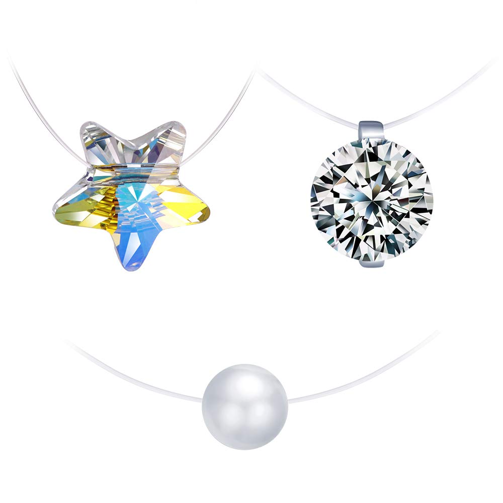 3Pcs Transparent Fishing Line Necklace Solitaire Dazzling Zircon Clear Pearl Crystal Star Choker Necklace