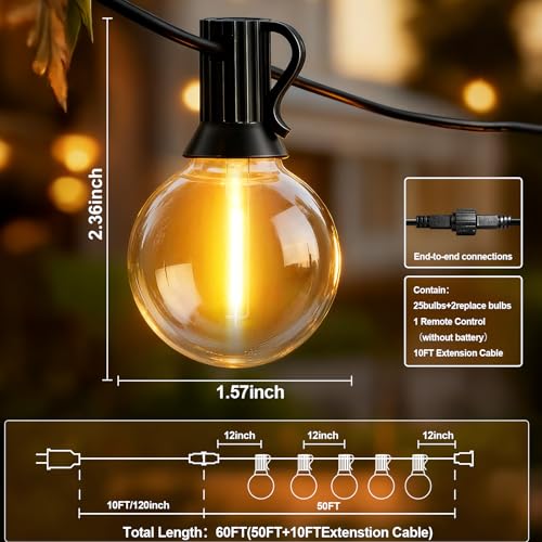 AODLEDY Outdoor String Lights, 60FT/18m 25+2 LED G40 Bulbs Garden Lights Mains Powered with Remote Control Dimmable Timer, Waterproof Festoon Light for Balcony Gazebo Patio Pergola