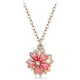 UUONLY Cherry Blossoms Necklace Earring Bracelet Ring Set, Rose Gold Plated Rotating Cherry Flower Pendant Necklace, Cubic Zirconia Pink Cherry Blossom Jewelry Gift for Women