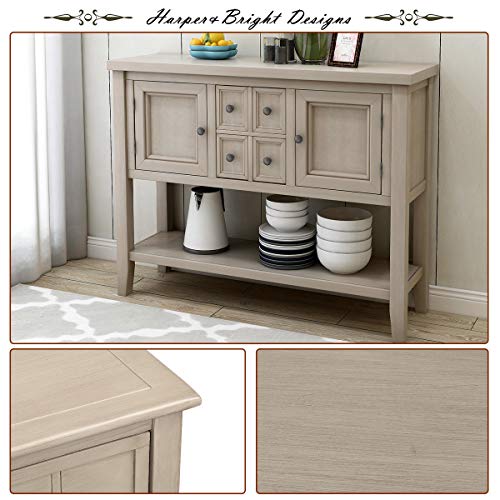 LOKESI Console Table Buffet Sideboard Sofa Table with 4 Storage Drawers Two Cabinets and Bottom Shelf (Antique Gray)