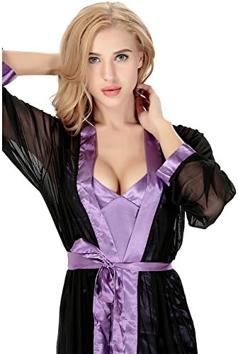 Plus Size 3XL Women Underwear Bathrobe 4 PCS Set Strap Dress + Black Shawl G-string Belts (2XL, Purple)