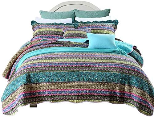 Hnnsi Bohemian Quilt Comforter Sets Queen Size 3 Pieces Cotton Boho Bedspread Sets Exotic Bohemia Bedding Sets