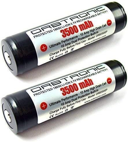 3500mAh 18650 ORBTRONIC Two Protected Rechargeable Button Top High Performance Li-ion Batteries 3.7V for High Power 18650 Flashlights - NOT for ecig Devices