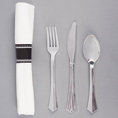 Silver Visions 17" x 17" Pre-Rolled Linen-Feel White Napkin and Silver Heavy Weight Plastic Cutlery Set - 100/Case