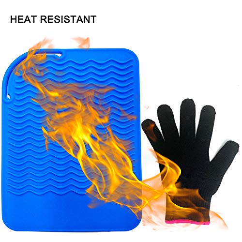 Heat Resistant Mat Pad and Heat Resistant Glove for Curling Irons, Hair Straightener, Flat Irons and Hair Styling Tools 9" x 6.5", Food Grade Silicone, Blue by Lessmon - Thumbnail 3