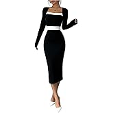 SOLY HUX Women's Midi Dress Color Block Square Neck Long Sleeve Bodycon Dresses