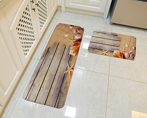 Beach Kitchen Rugs, Goodbath Seastar Shell Conch on Ocean Beach Sand Wooden Board Non Slip Bath Rug Set 2 Piece, 16â€ x 48â€ and 16â€ x 24â€, Brown
