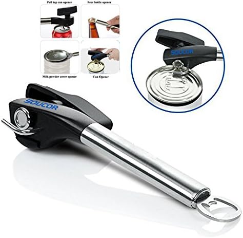SOUCOR Can Opener Heavy Duty - Stainless Steel Smooth Edge Side Cut for Home and Kitchen Safety Can Jar Opener with Soft Grips Handle Cans Tin Lid Lifter