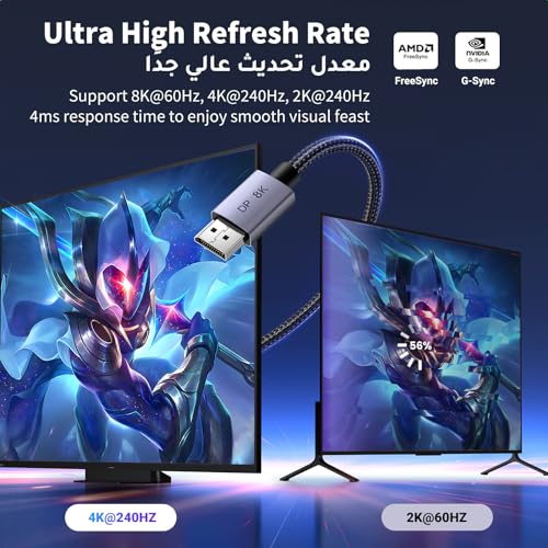 UGREEN 8k DP to DP Cable 2M, 1.4 DisplayPort Cable 8k@60Hz/4k@240Hz/2k@240/2k@165Hz, Male to Male Cord Nylon Braided for Gaming monitor, Samsung PC, ThinkVision G32qc/Y27qf, DELL S2421HS/S2721DS