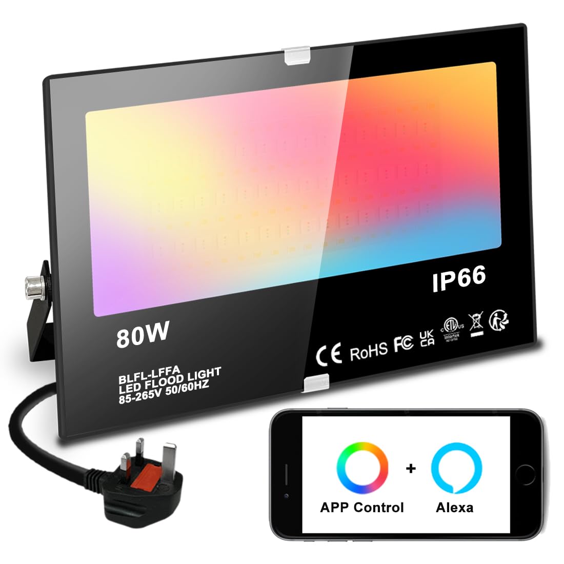 Mobri LED Floodlight Outdoor 800W, Smart RGB Flood Lights with APP Equivalent 8000LM, Colour Chaging - Warm White - Timing - Scene - IP66, UK 3-Plug, 1 Pack