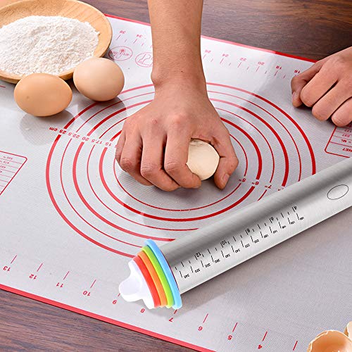 SZUAH Adjustable Rolling Pin, Stainless Steel Roller Pin with Removal Thickness Rings, Pastry Mat and Basting Brush for Baking.