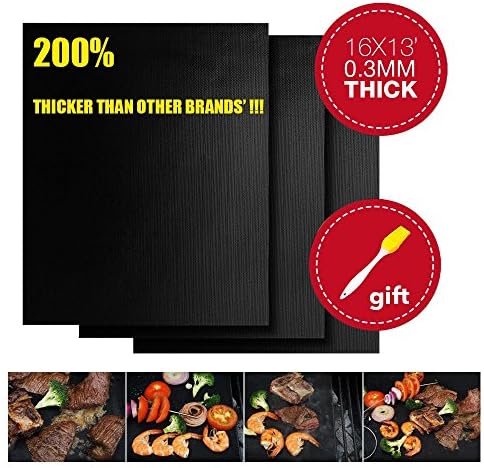 CookIdea Extra Thick Grill &amp; Baking Mat, Set of 3, 100%Non-Stick, Durable Quality in 0.3mm Thickness, 16x13 inch, Comes with Free Silicone Brush