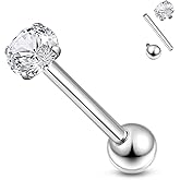 Xnsjeyy 14G Astm F136 Titanium Tongue Rings Piercing Jewelry 14 Gauge Internal Thread Straight Barbell CZ Tongue Rings Piercing Jewlery for Women Men 16MM Bar Length CZ Size 5MM