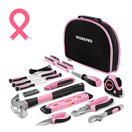 WORKPRO Kit de herramientas rosa - Juego de herramientas de mano con bolsa redonda fácil de transportar - Herramientas duraderas con acabado cromado - Kit de herramientas para el hogar perfecto para bricolaje, mantenimiento del hogar - Cinta rosa WORKPRO Kit de herramientas rosa - Juego de herramientas de mano con bolsa redonda fácil de transportar - Herramientas duraderas con acabado cromado - Kit de herramientas para el hogar perfecto para bricolaje, mantenimiento del hogar - Cinta rosa