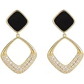 DIAMANTIO 18K Gold Plated Geometric Black Enamel Drop Earrings for Women, Elegant Statement Earrings with Cubic Zirconia, Lightweight Dangle Earrings for Party, Wedding, and Daily Wear