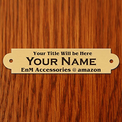 0.75" H x 4" W, Solid Brass Satin Gold Finish Name Plate, Custom Engraved Nameplate Name Tag Personalized Black Text, Decorative Ends with Matching Screws, Made in US
