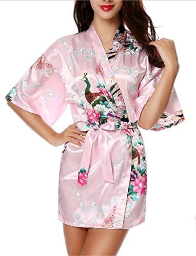 Women's Kimono Short Robe Peacock Design Pink XXL