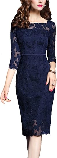 Amazon おひまわり Ohimawari レース ワンピース レディース ドレス 結婚式 セクシー ひざ丈 パーティー 花柄 きれいめ 7分袖 二次会 お呼ばれ おしゃれ 春 パーティードレス 通販