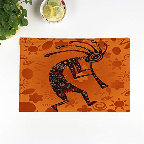 Awowee Set of 4 Placemats Orange Aboriginal Kokopelli Ethnic African Deity of Fertility Abstract Non-Slip Doily Place Mat for Dining Kitchen Table