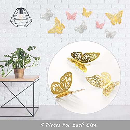 Butterfly Wall Decor, 84PCS 3D Butterfly Decorations Stickers for Crafts Walls Cakes with Dotted Glue (Gold, Rose Gold and Silver)
