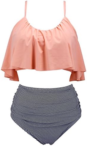 High Waisted Swimsuit for Women, Falbala Flounced Bikini Pink (L)