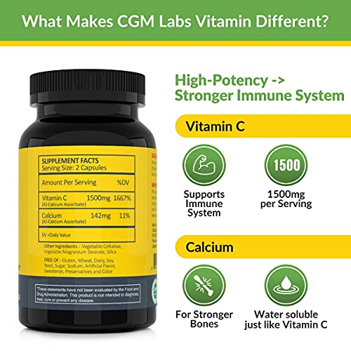 CGM Labs Non Acidic Vitamin C 1500mg with Calcium. Gentle on Stomach